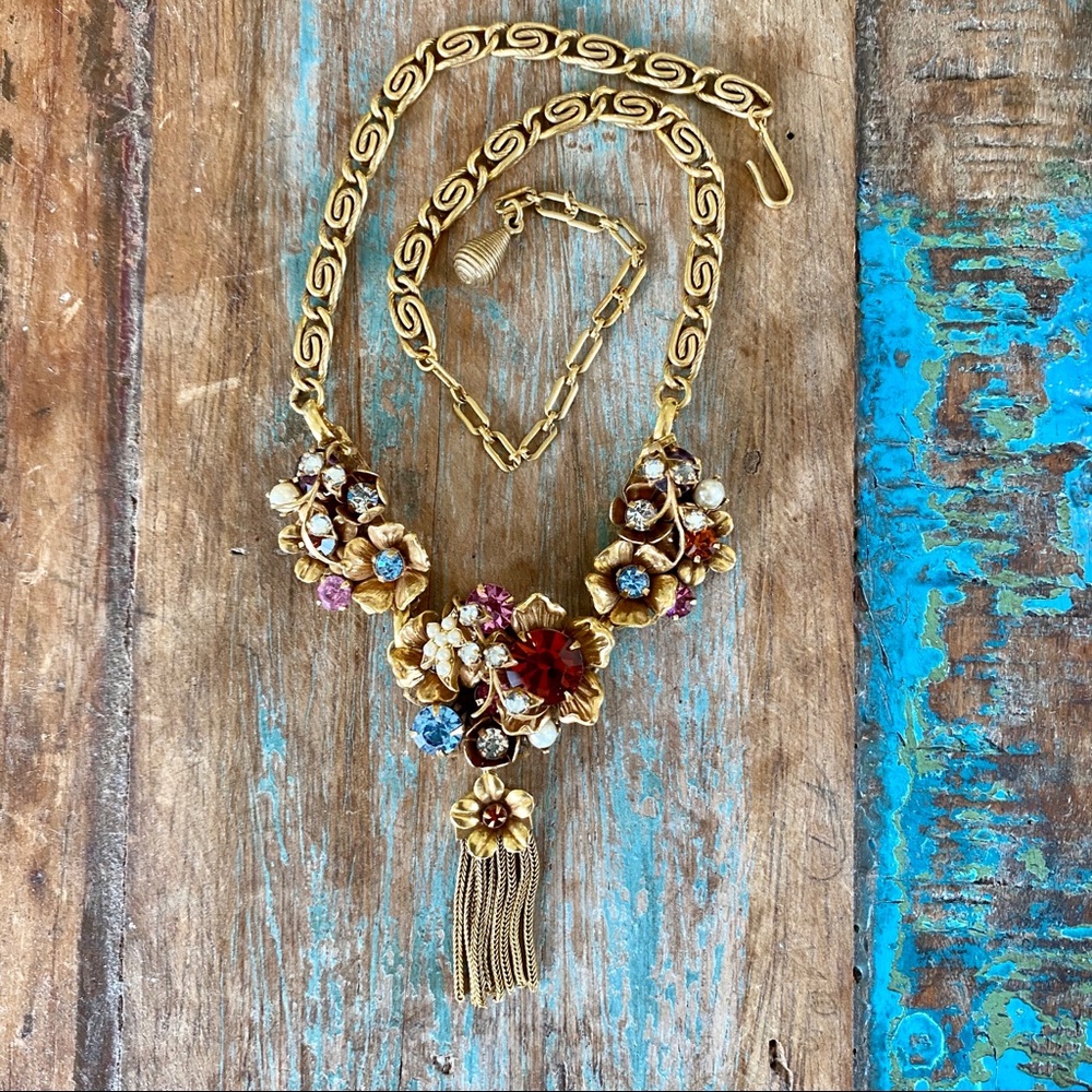 VTG Elaborate Crystal Gold-tone Floral Statement Necklace - Picture 8 of 12